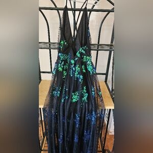 Black Dress with Green and Blue Floral Accents